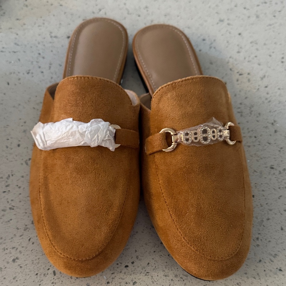 Camel Suede Mules with Gold Buckle NWB